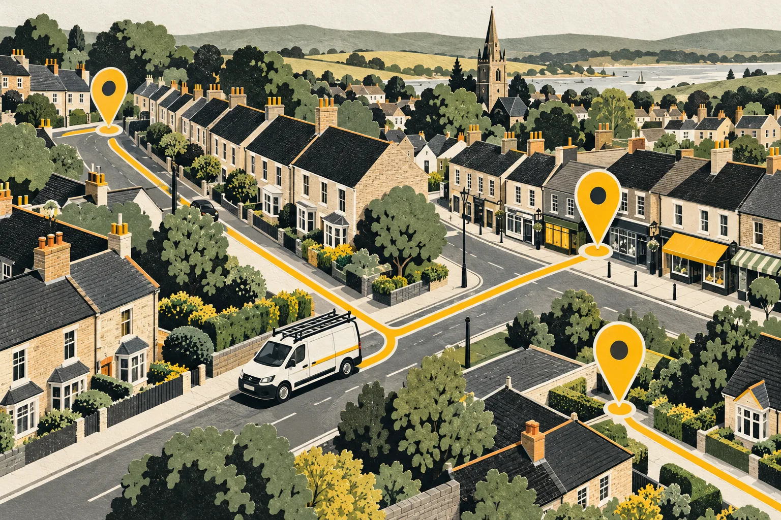 Conceptual illustration of a trades business, local streets and a map marker
