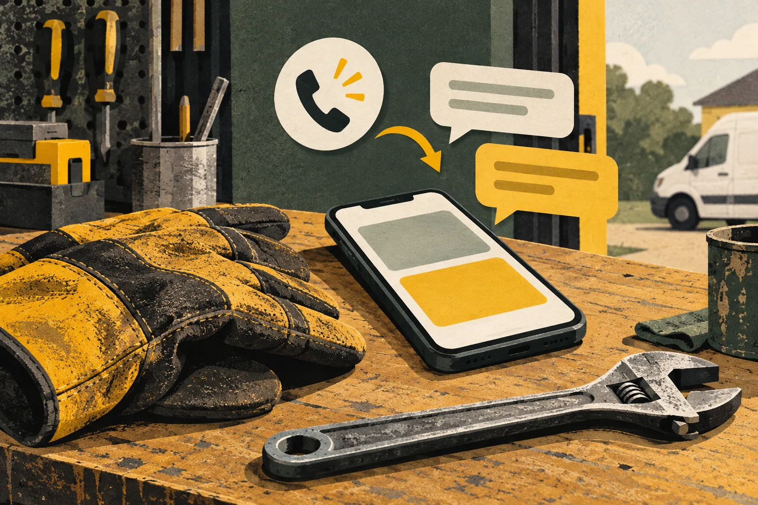 Editorial illustration of a work glove, spanner and phone with abstract message bubbles
