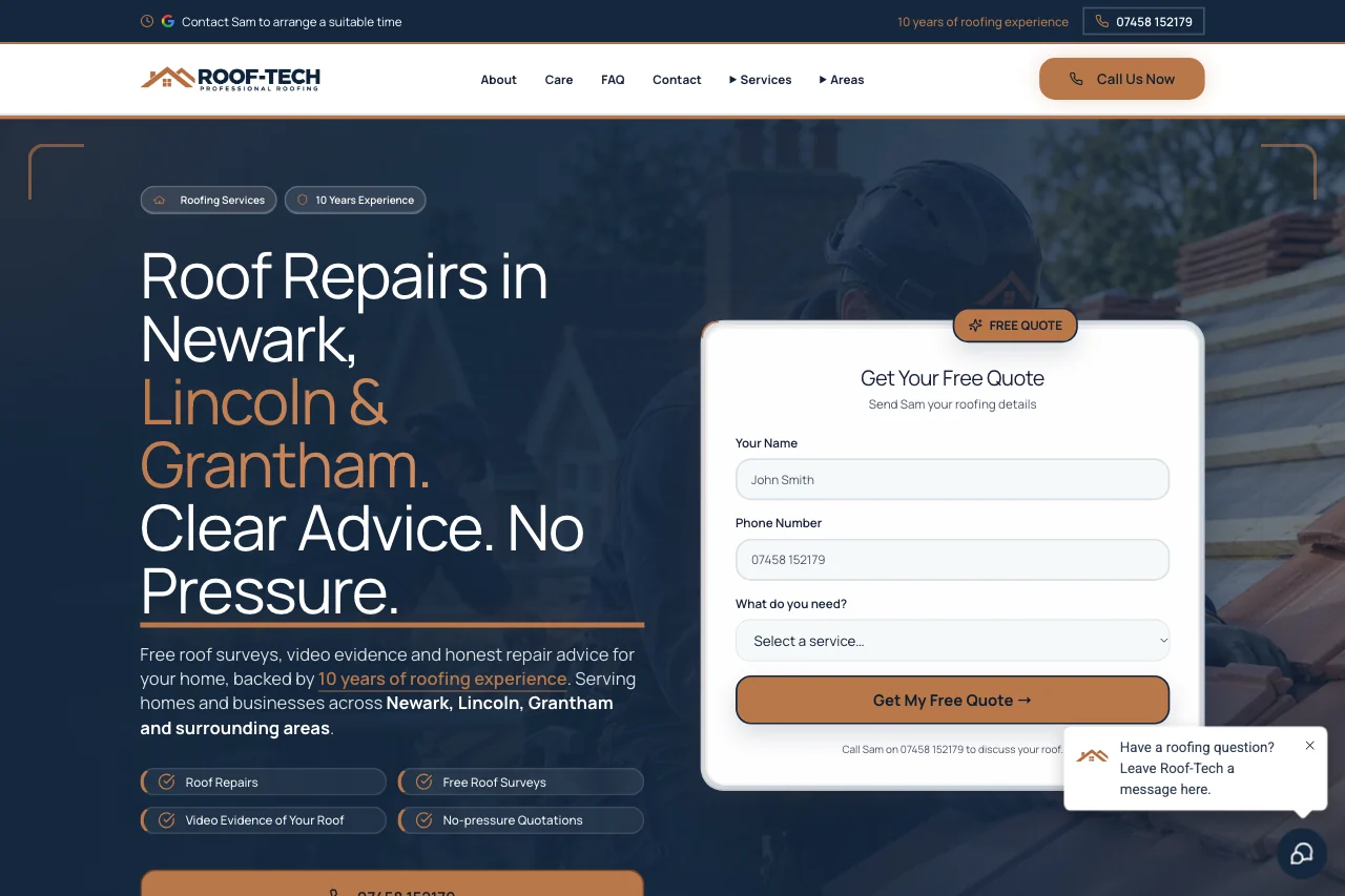 Roof-Tech’s live roofing website with local repair information and a quote form