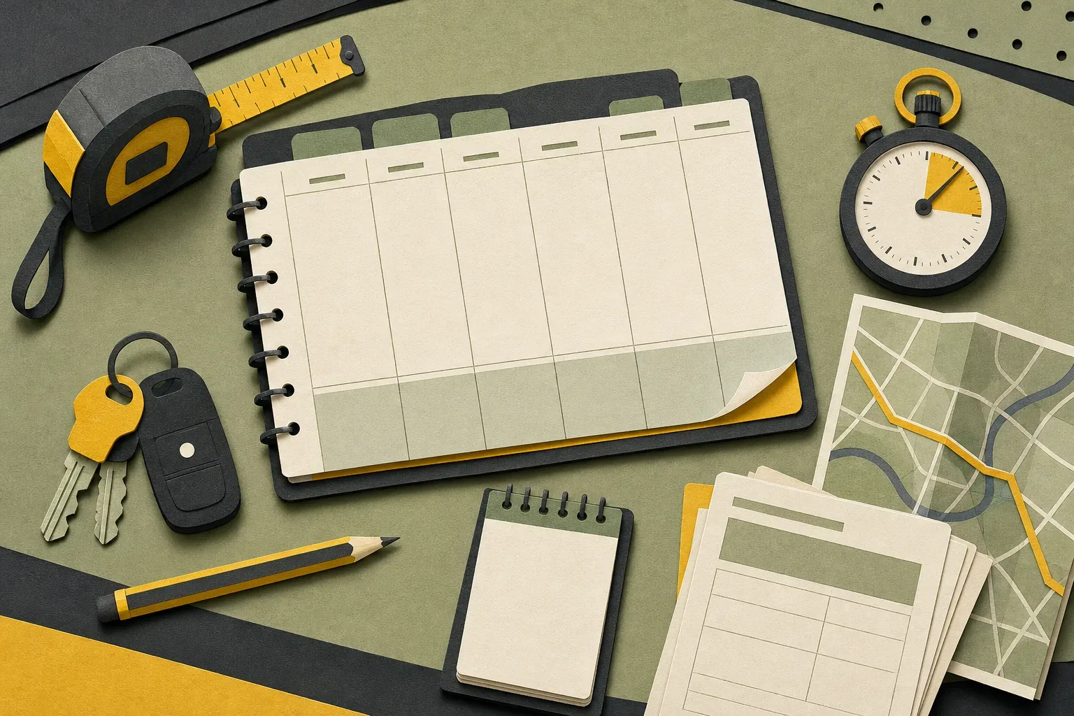 A workbench scene with a paper week planner, tape measure, van keys, pencil, stopwatch, road map, notepad and job sheets laid out to suggest planning travel, visit and write-up time.