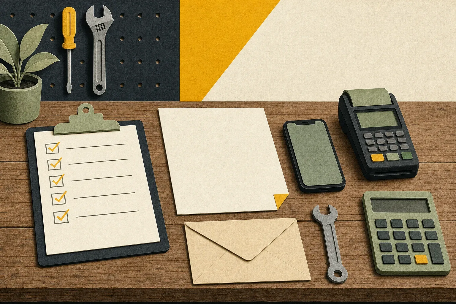 A workbench showing a clipboard checklist, blank invoice paper, smartphone, card reader, calculator, spanner and plain envelope laid out for an invoice payment test.