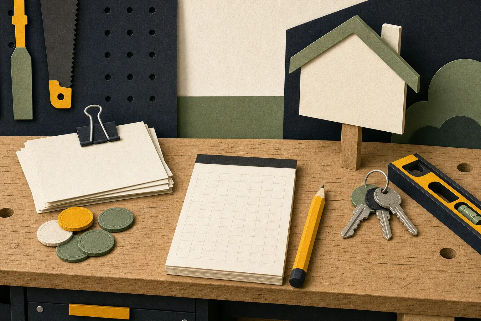 Workbench with a clipped stack of blank paper slips and a few plain coins on one side, a house-shaped sign on a post with a set of keys and a spirit level on the other, and a blank grid notepad and pencil in between.