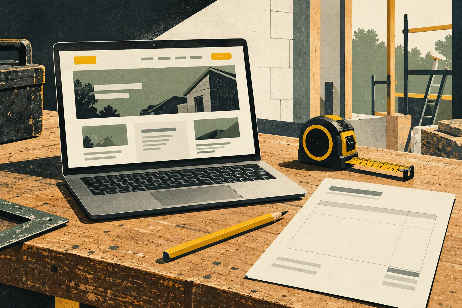 Editorial illustration of a website on a laptop beside a tape measure, pencil and quote sheet