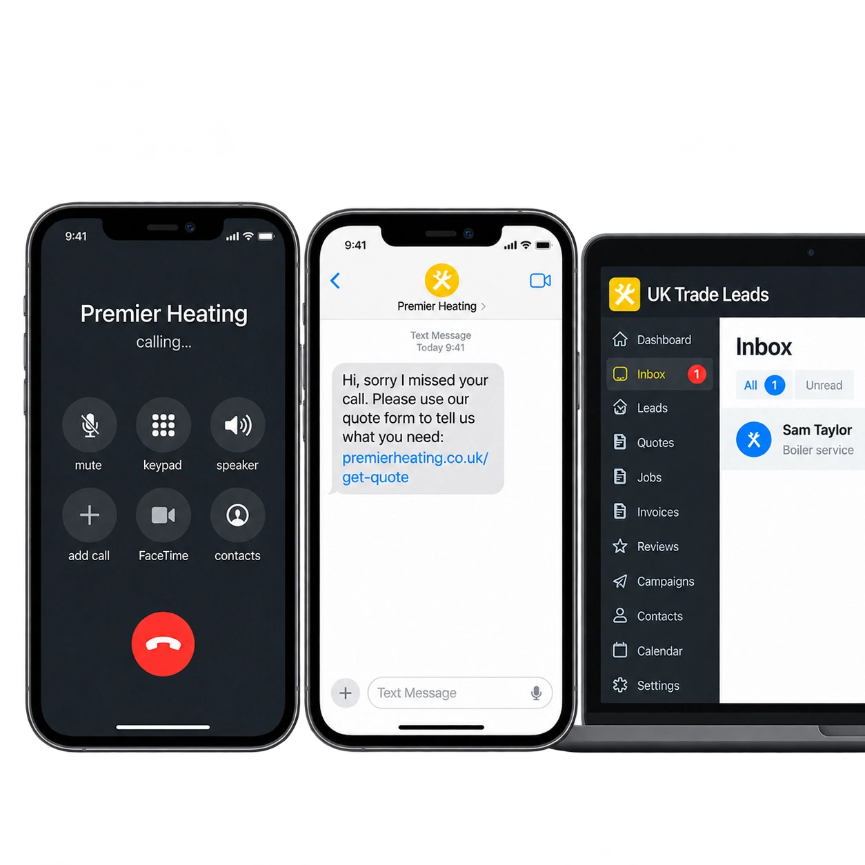 Two normally proportioned phones showing a call and automatic text-back with a quote link beside the customer inbox.