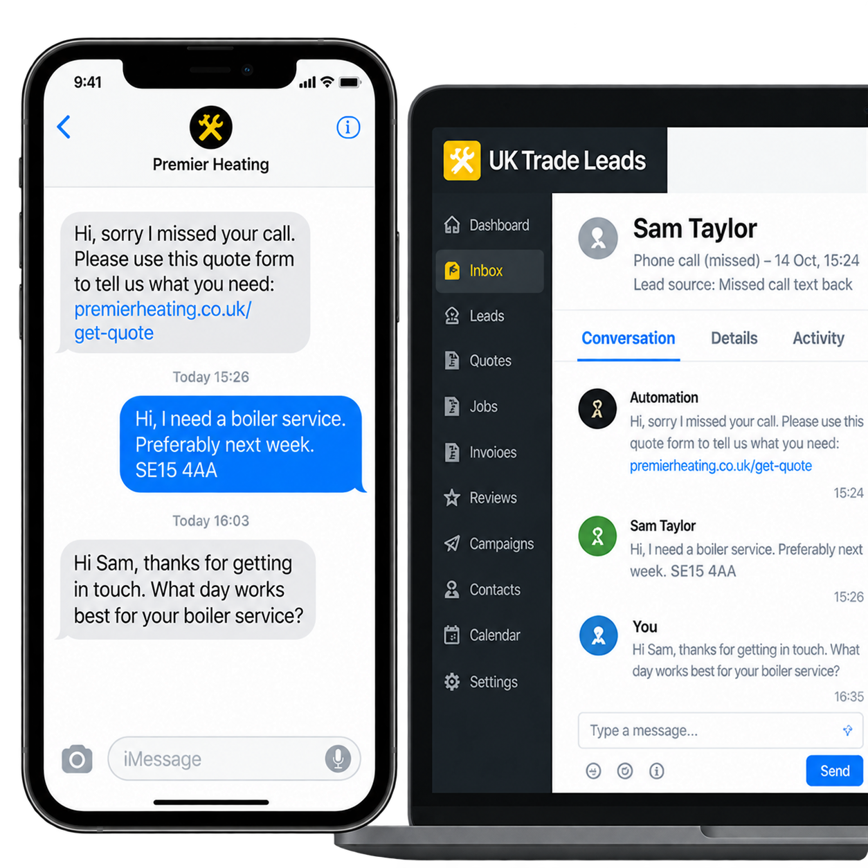 Customer text conversation alongside the same enquiry and reply in the CRM inbox.