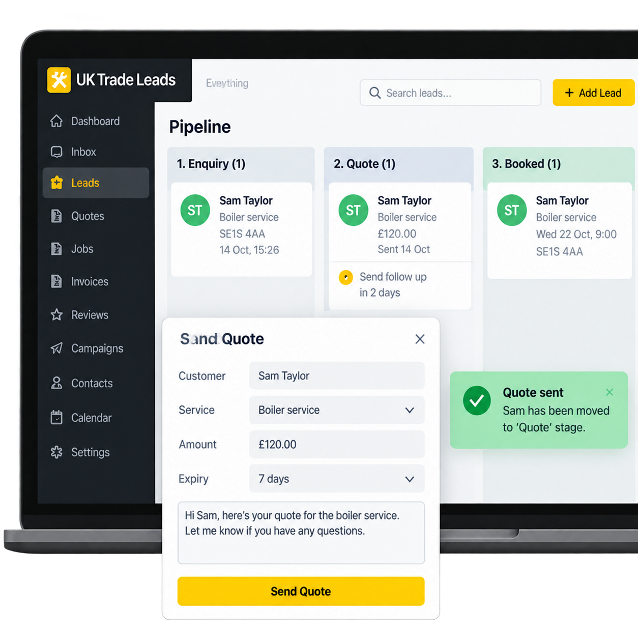 Boiler-service enquiry, quote and booking stages with a quote composer in the CRM.
