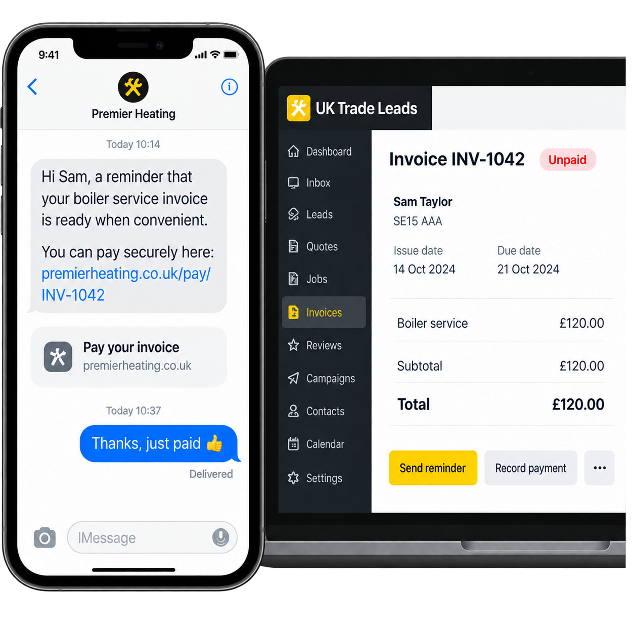 Invoice reminder on a customer phone alongside the boiler-service invoice in the CRM.