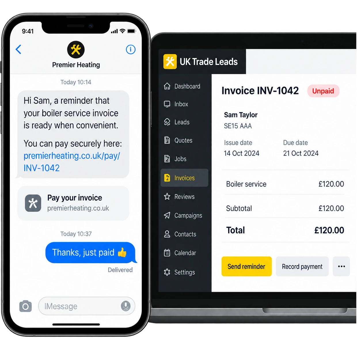 Invoice reminder on a customer phone alongside the boiler-service invoice in the CRM.
