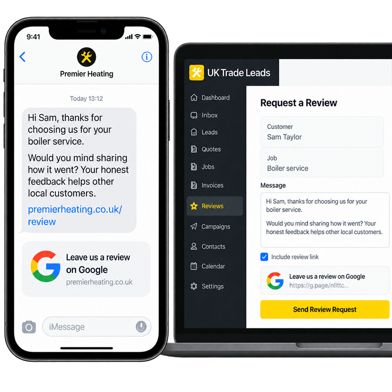 Completed-job review request on a customer phone alongside the CRM review-request screen.