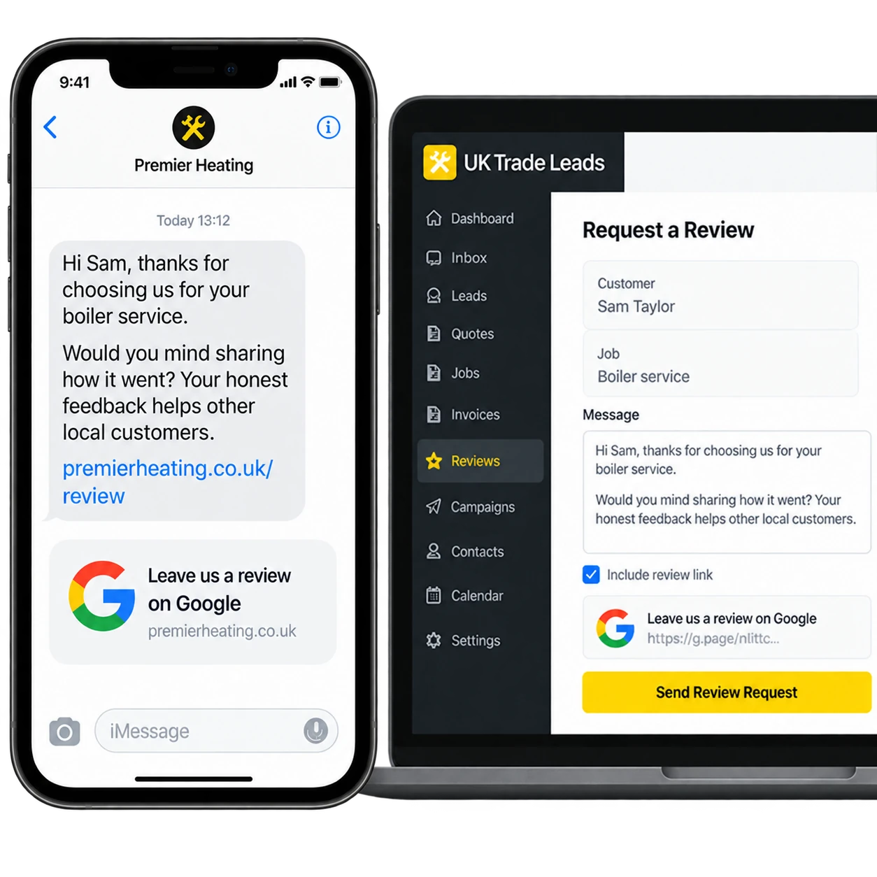 Completed-job review request on a customer phone alongside the CRM review-request screen.