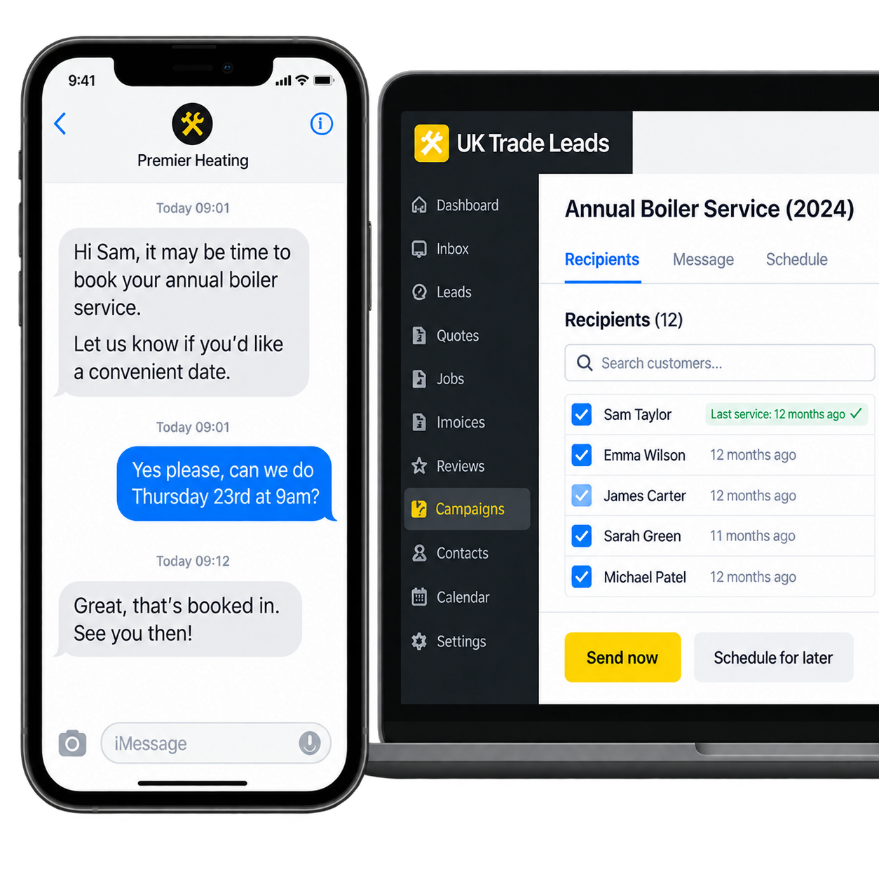 Annual boiler-service reminder and booking conversation beside a customer campaign in the CRM.
