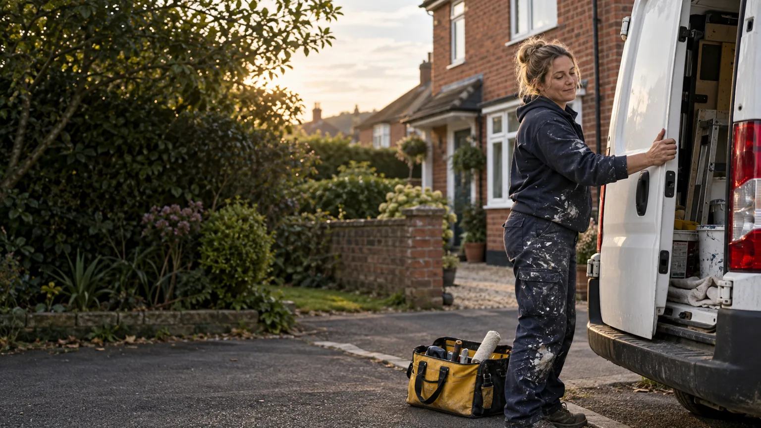 Illustrative tradesperson finishing a working day by a van