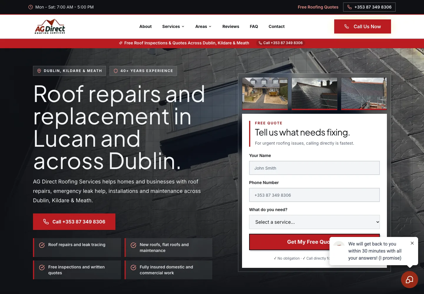 Homepage of the AG Direct Roofing Services website