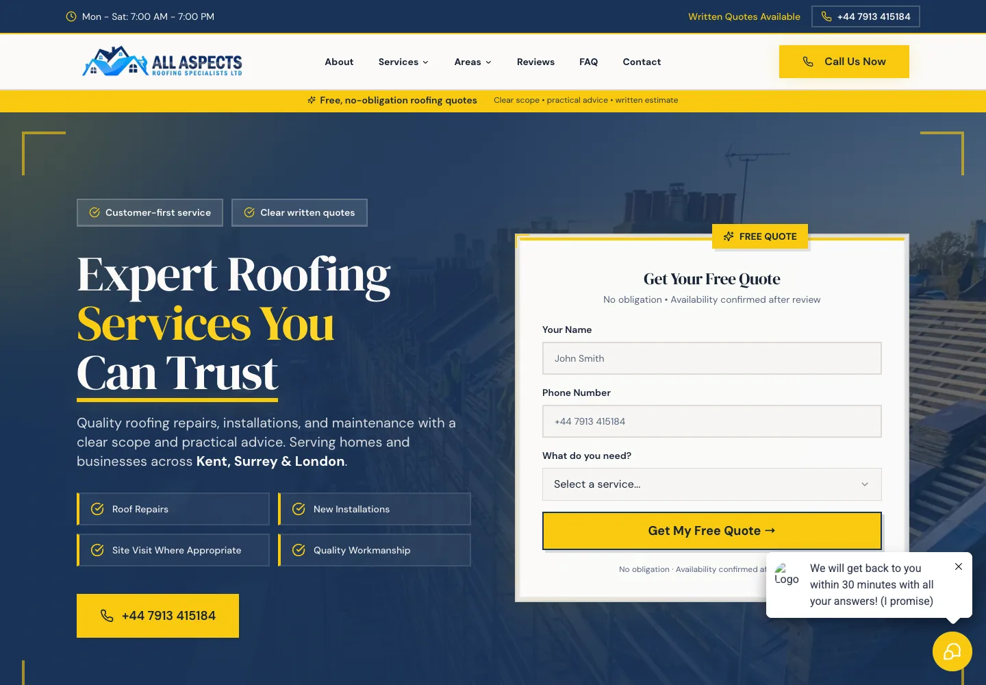 Homepage of the All Aspects Roofing Specialists website