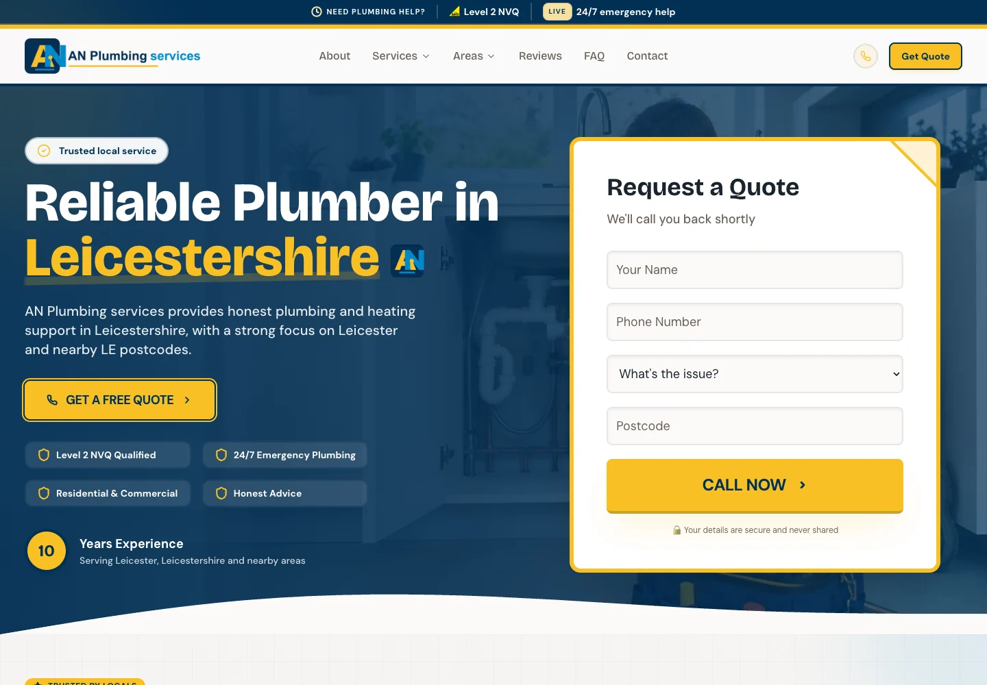 Homepage of the AN Plumbing Services website