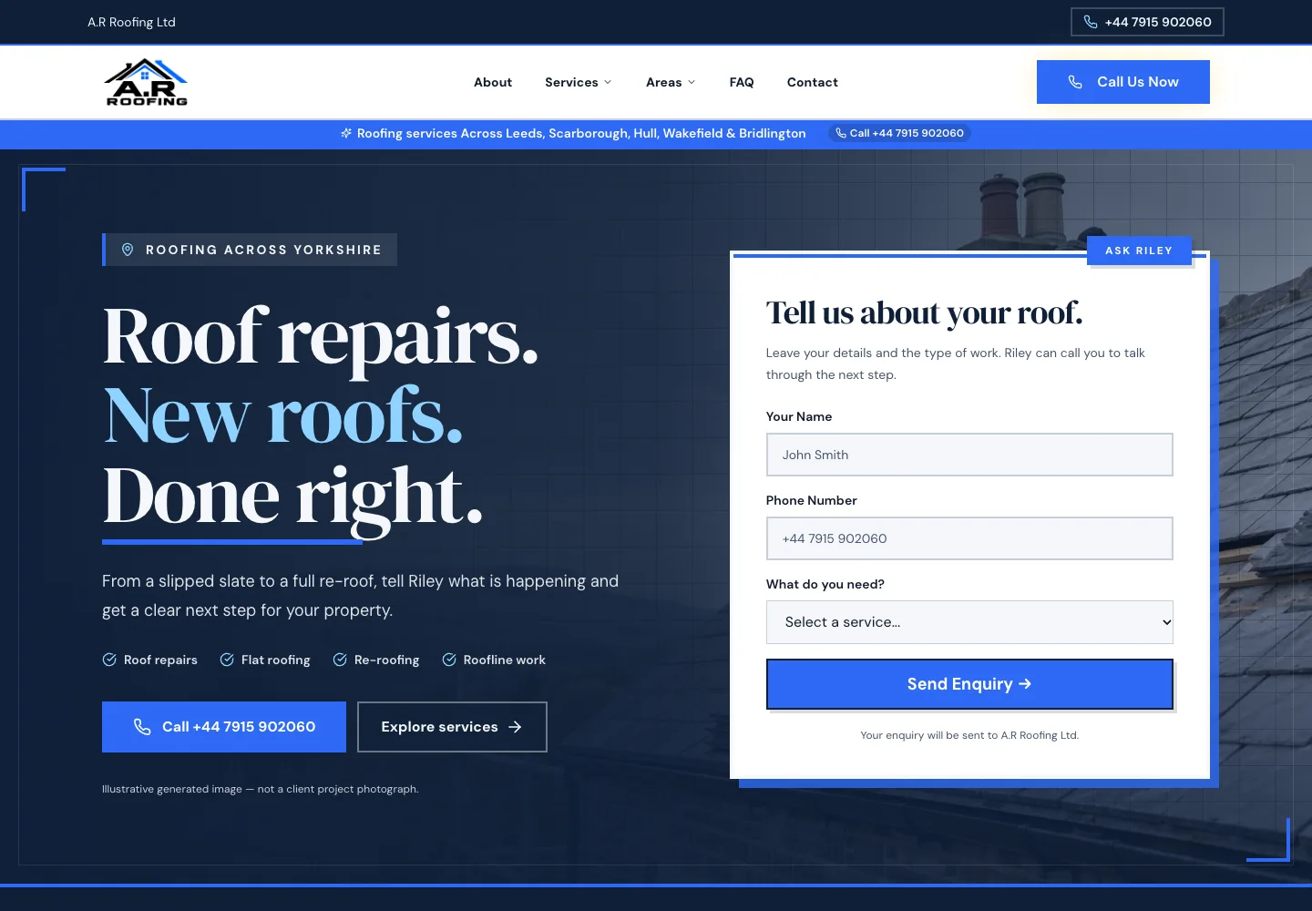 Homepage of the A.R Roofing Ltd website