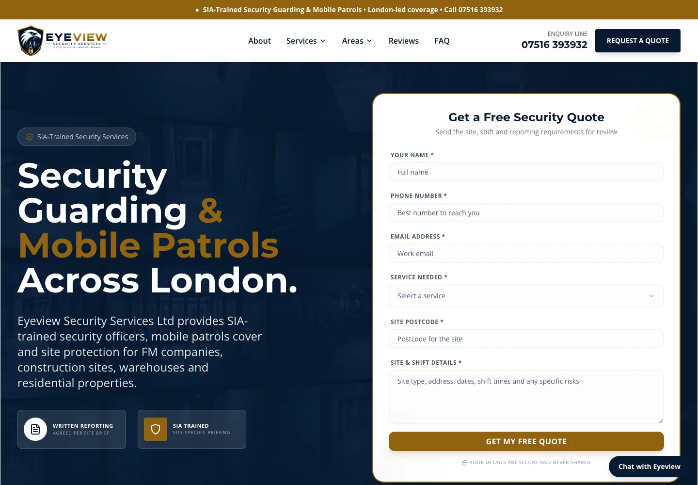 Homepage of the Eyeview Security Services website