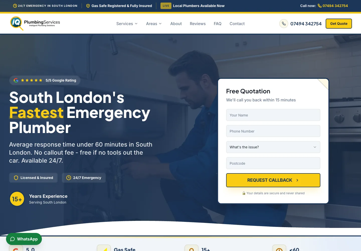 Homepage of the IQ Plumbing London website