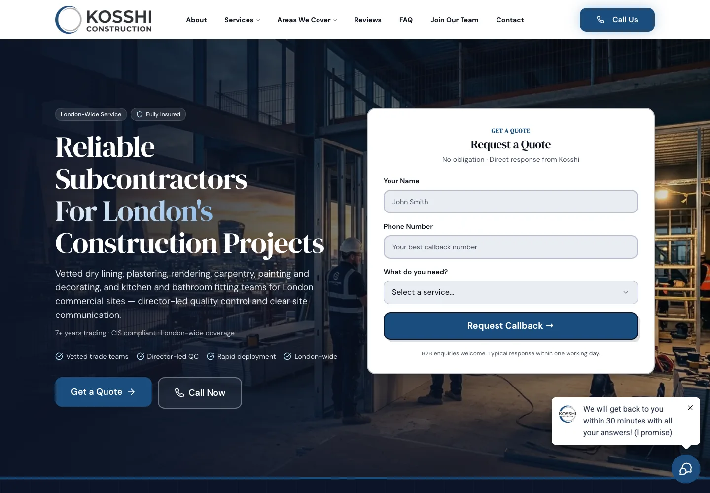 Homepage of the Kosshi Construction website