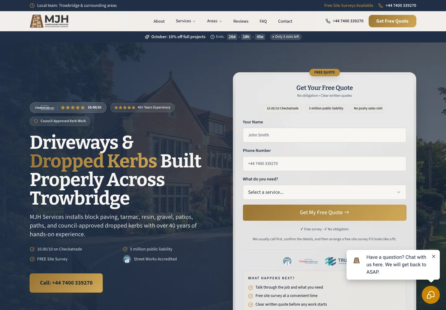 Homepage of the MJH Services website