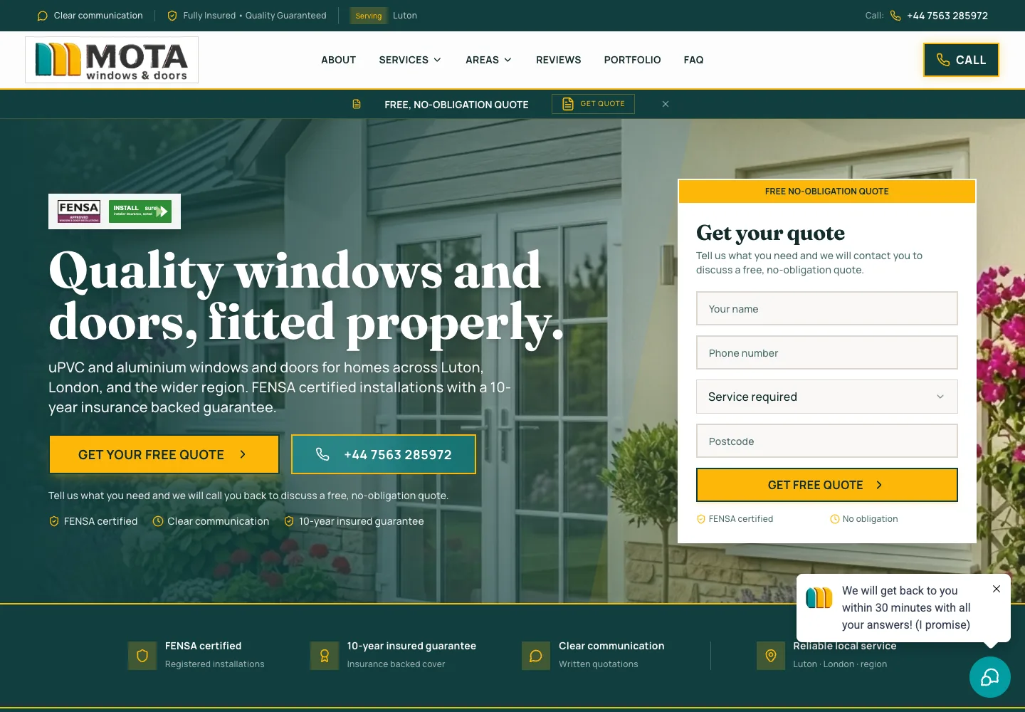 Homepage of the Mota Windows & Doors website