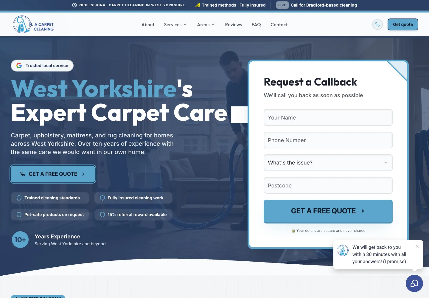 Homepage of the N.A Carpet Cleaning website
