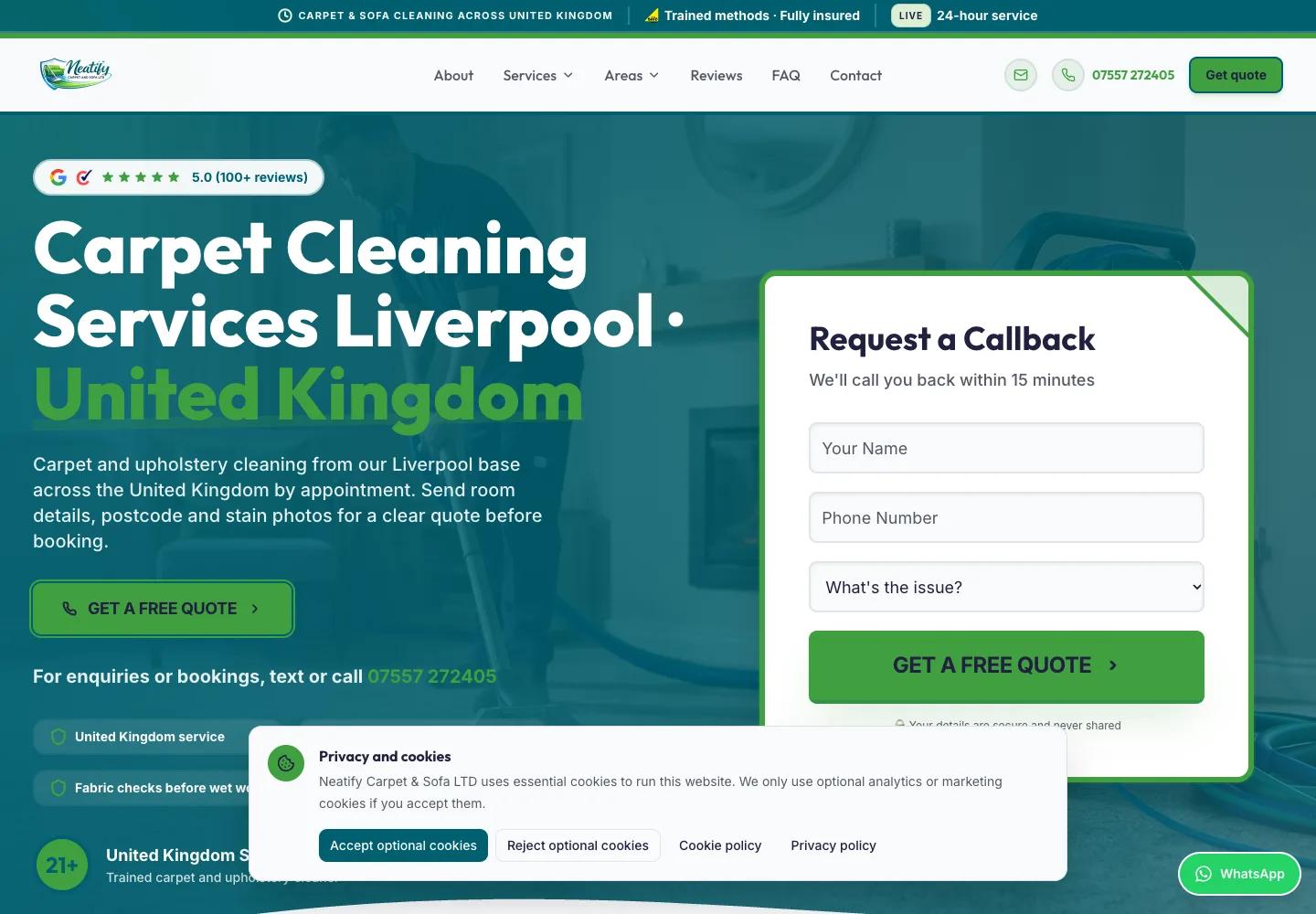 Homepage of the Neatify Carpet & Sofa website