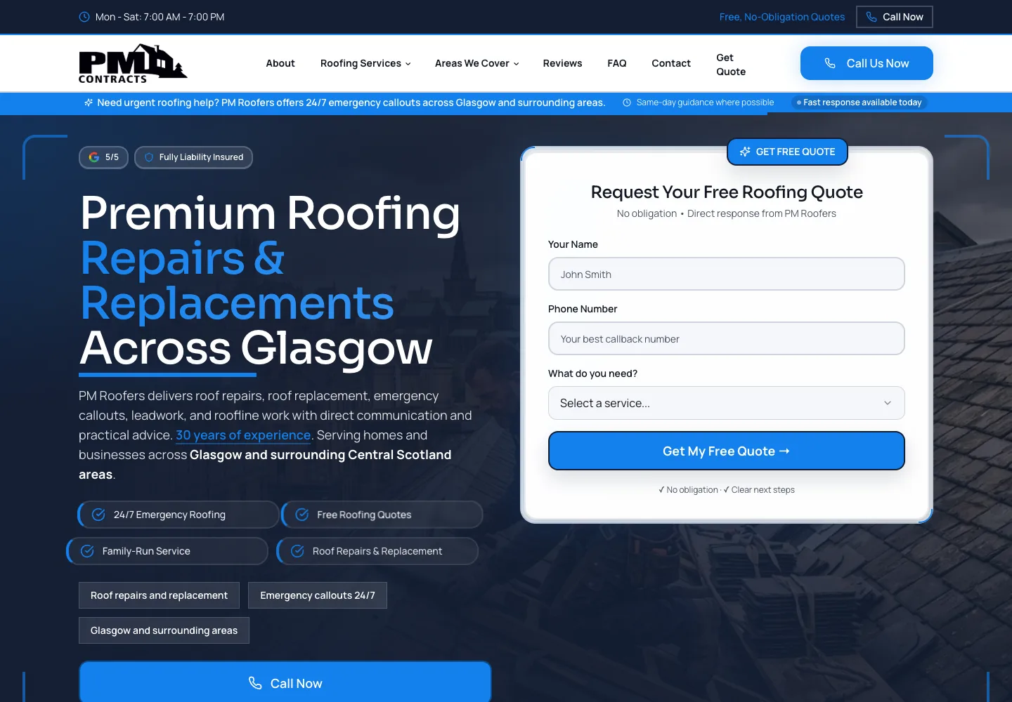Homepage of the PM Roofers website