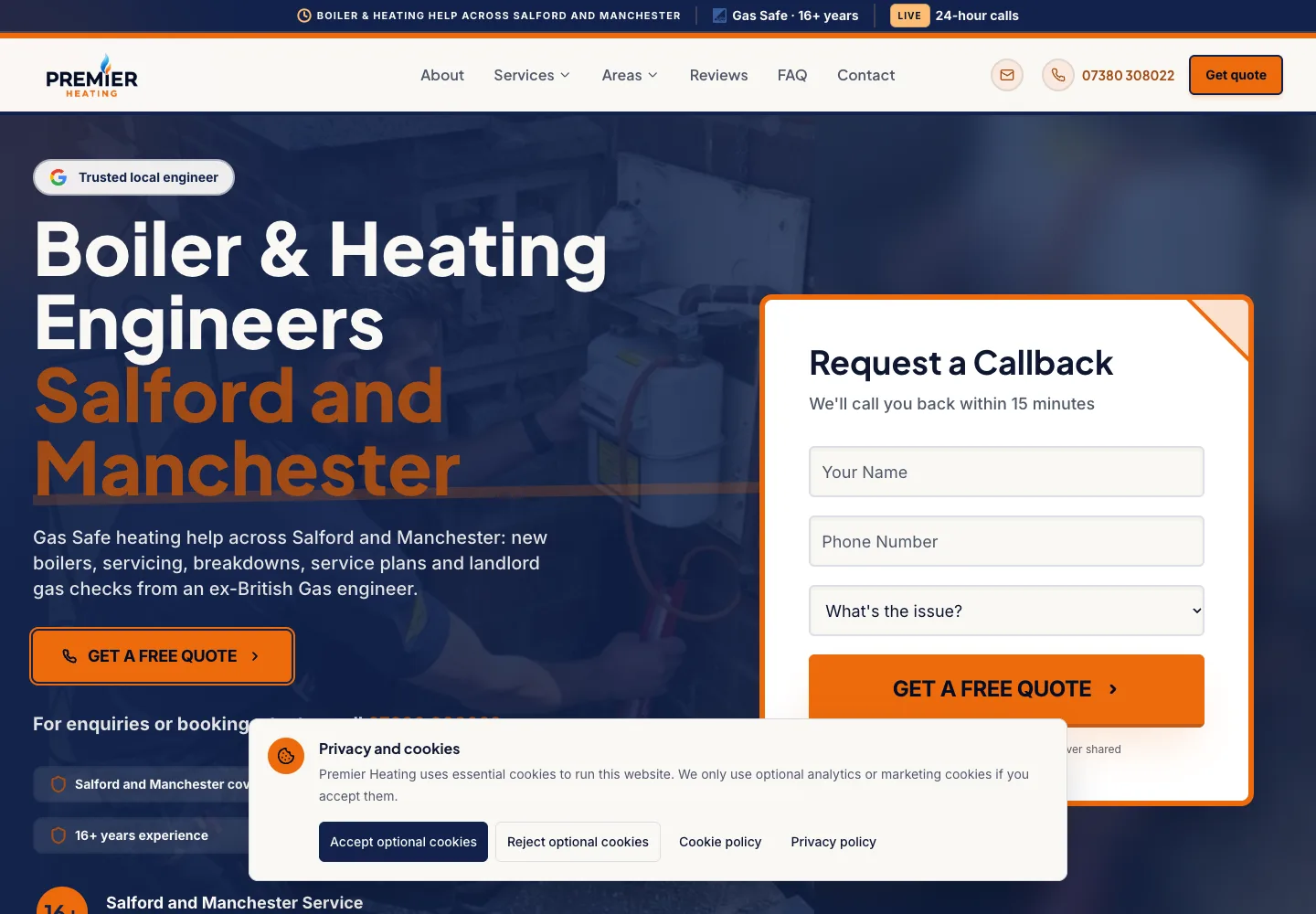 Homepage of the Premier Heating website