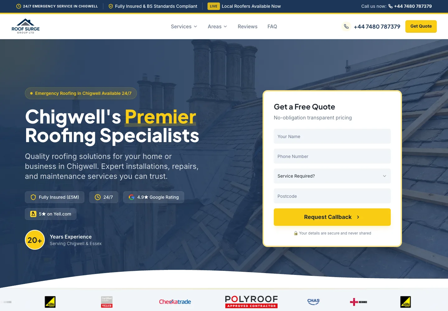 Homepage of the Roof Surge Group website