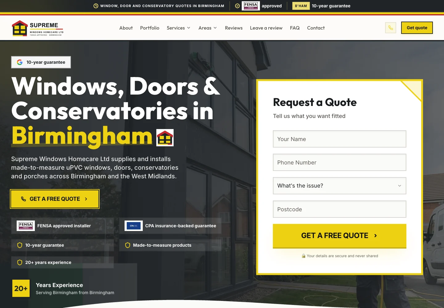 Homepage of the Supreme Windows Homecare website
