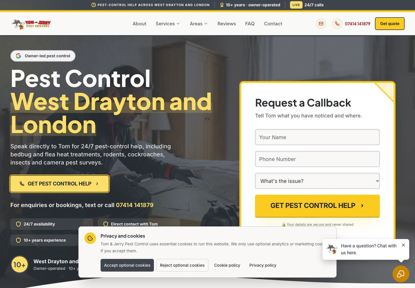 Homepage of the Tom & Jerry Pest Control website